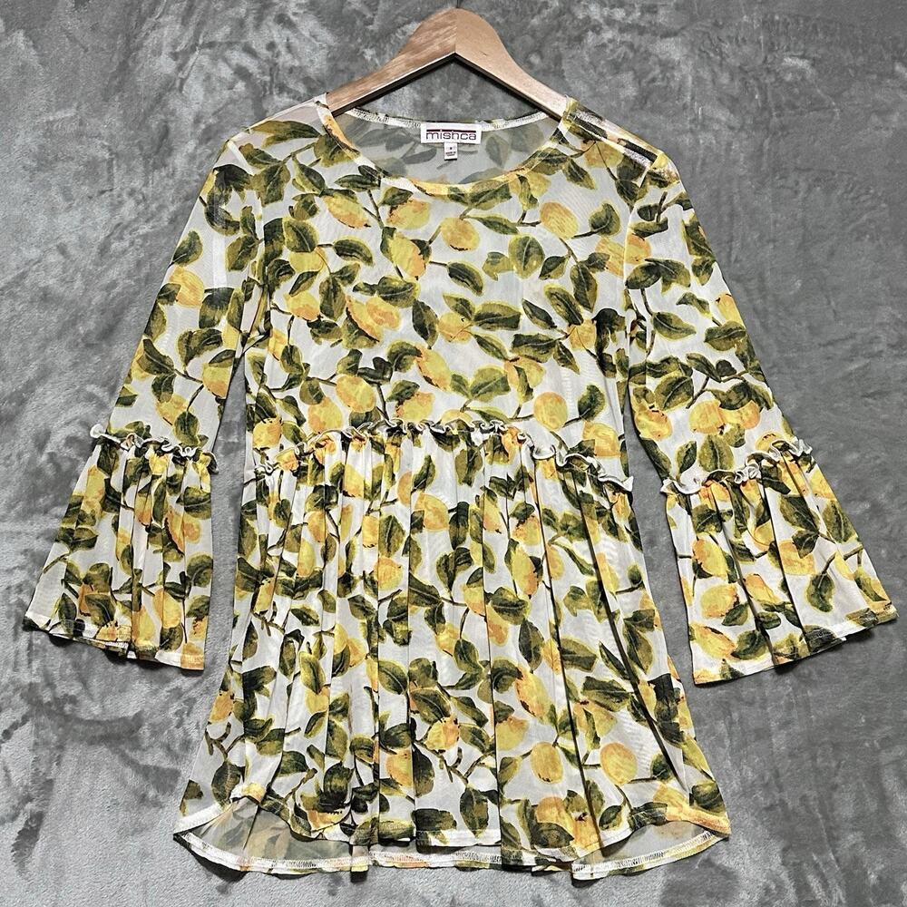Mishca‎ Novelty Mesh Bell Sleeve Peplum Top Womens Sz S Yellow Lemon Print Sheer